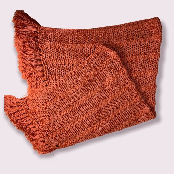 Crochet Afghan Blanket Throw Hand Crafted Salmon Pink Orange Fringe 45 x 39 - Picture 3 of 11